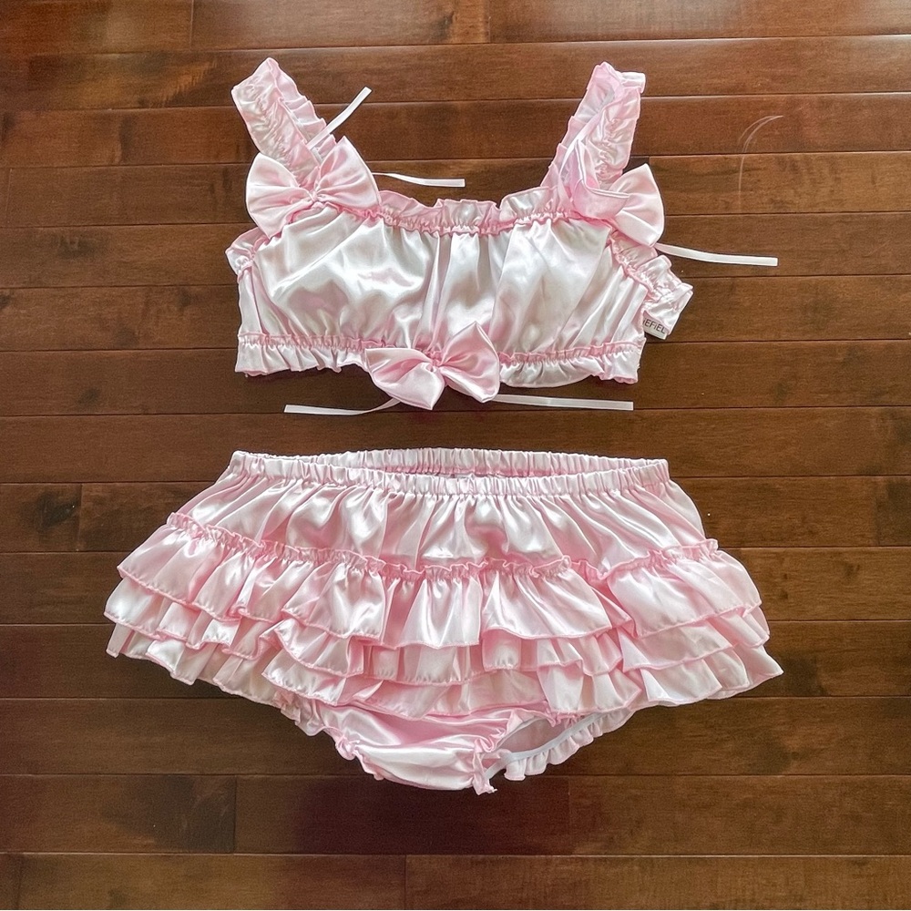 Pink Ruffled Satin Lingerie Set